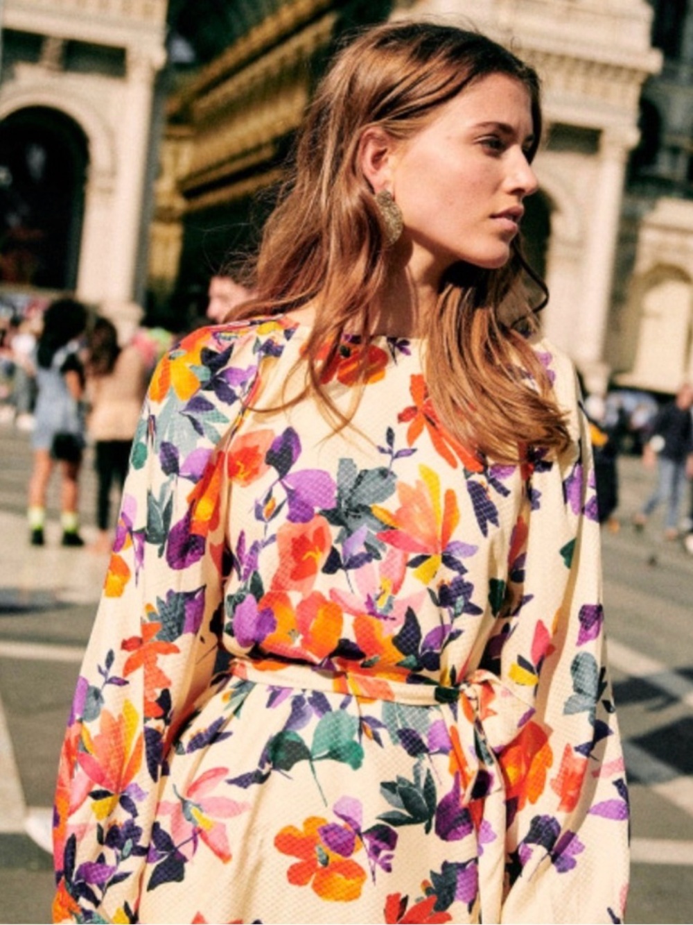 Sezane Floral Print Belted Midi Dress in Cream